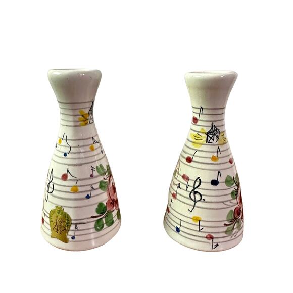 VTG Set 2 Ulmer Keramik German Hand Painted Porcelain Musical Notes & Bird Vases - Picture 2 of 9